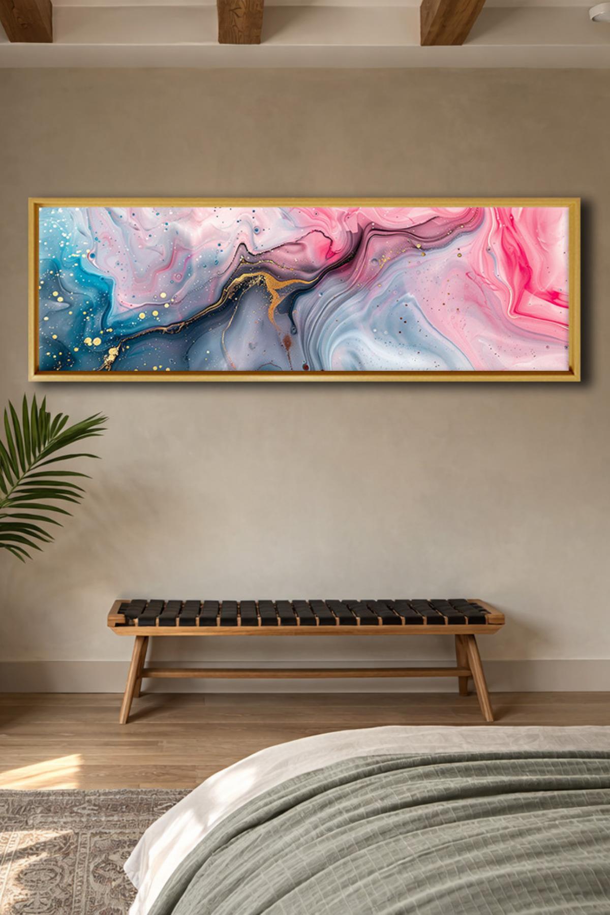 Panoramik Tablo Soyut Laciver Pembe Geçişli Çerçeveli Dekoratif Duvara Hazır