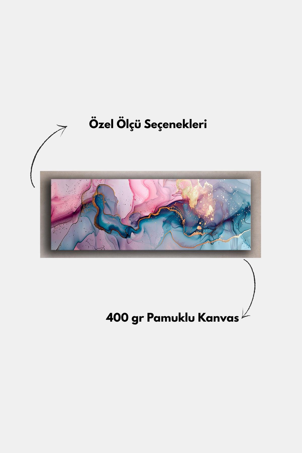 Panoramik Tablo Soyut Pembe Turkuaz Mavi Altın Detay Çerçeveli Dekoratif