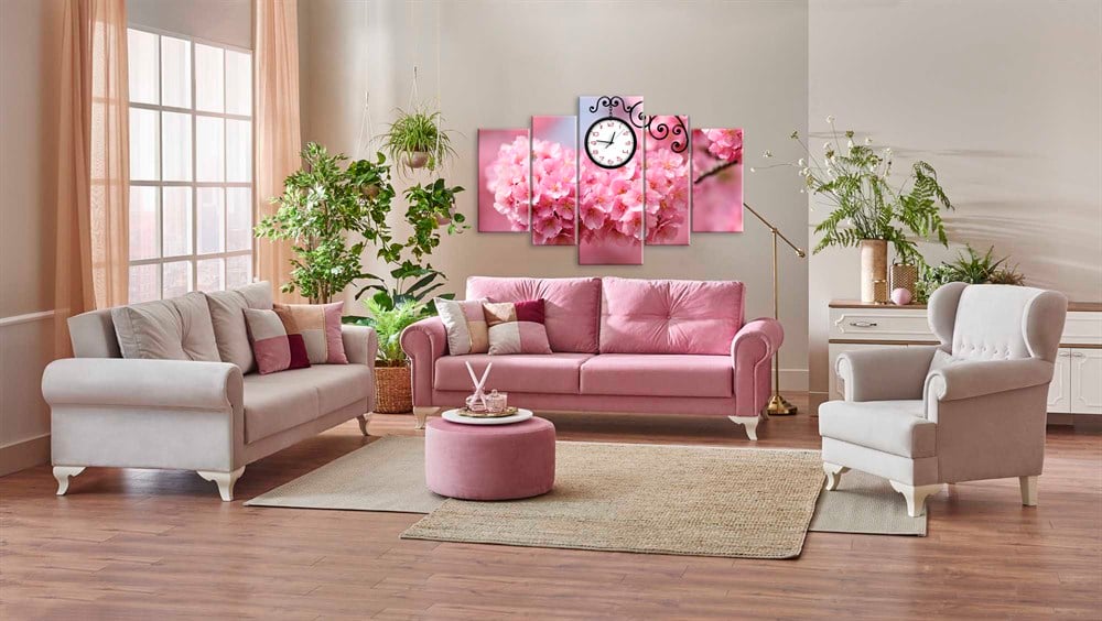 Pembe İlkbahar Çiçekli Saatli Kanvas Tablo