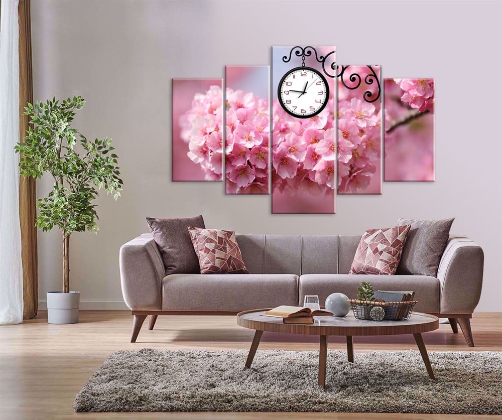 Pembe İlkbahar Çiçekli Saatli Kanvas Tablo