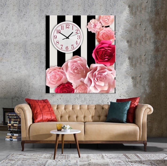 Pembe Yavruağzı Kağıt Çiçeklerden Saatli Kanvas Tablo