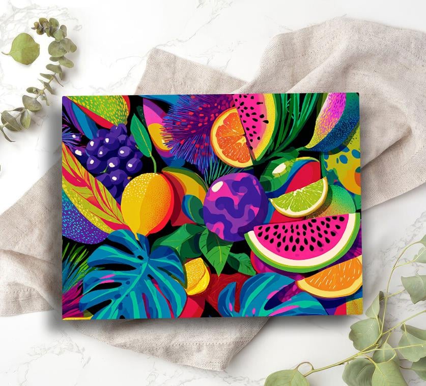 Renkli Tropikal Meyve Desenli Temperli Cam Kesme Tahtası 20x30 cm | Hijyenik ve Modern Mutfak Aksesuarı