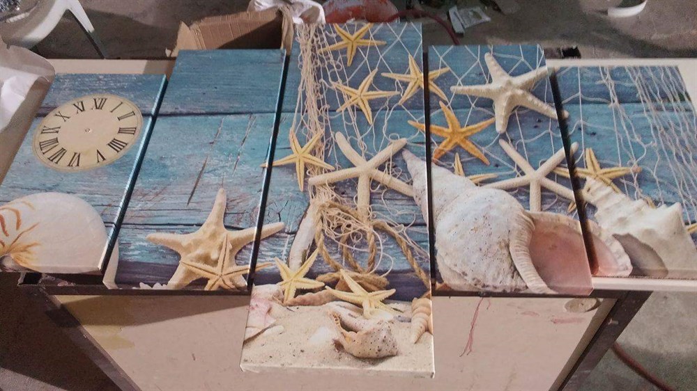 Saatli 5 Parça Deniz Yıldızı ve Kabukları Kanvas Tablo
