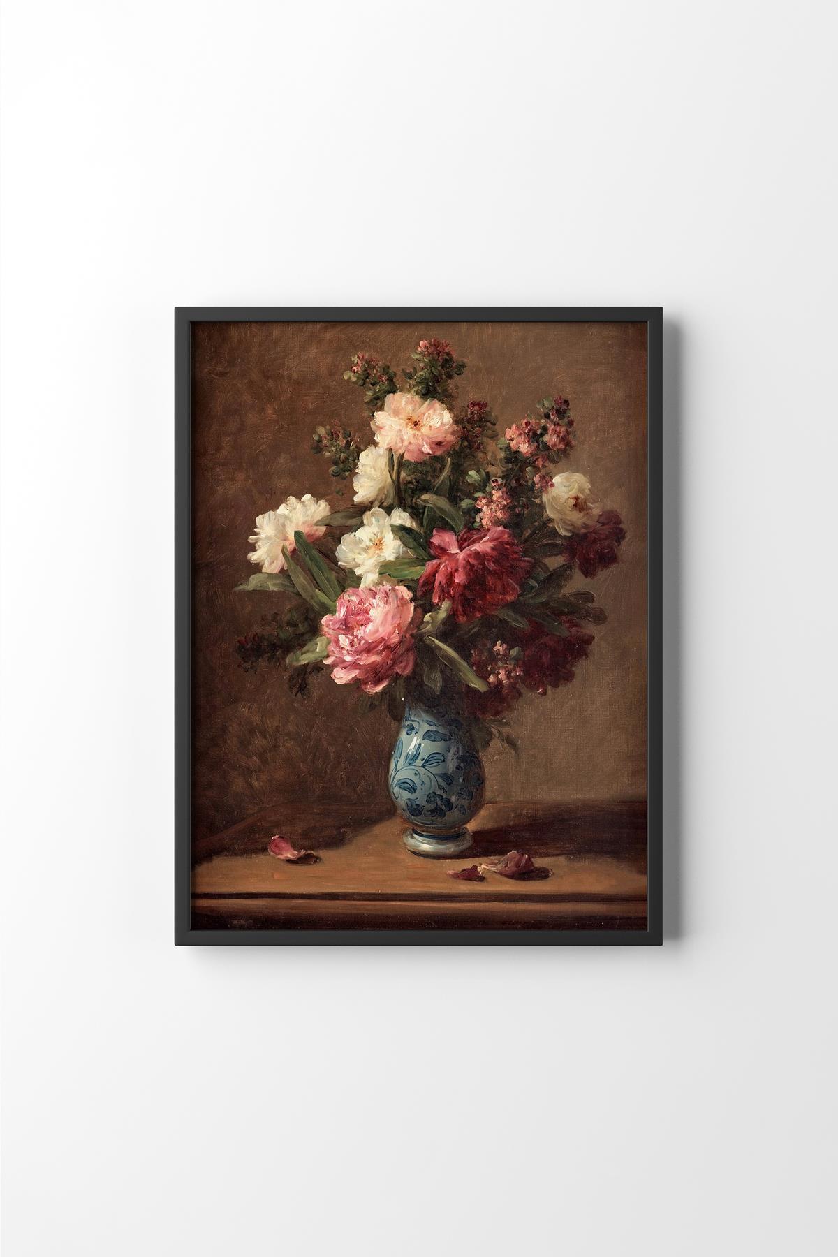 Şakayıklı Natürmort Çiçek Buketi Klasik Vintage Çerçeveli Duvar Tablosu Dekoratif Poster – Naturel Çerçeve