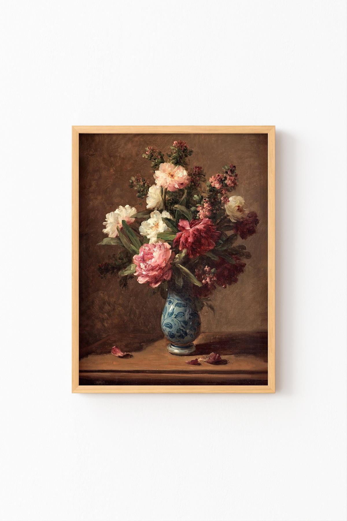 Şakayıklı Natürmort Çiçek Buketi Klasik Vintage Çerçeveli Duvar Tablosu Dekoratif Poster – Naturel Çerçeve