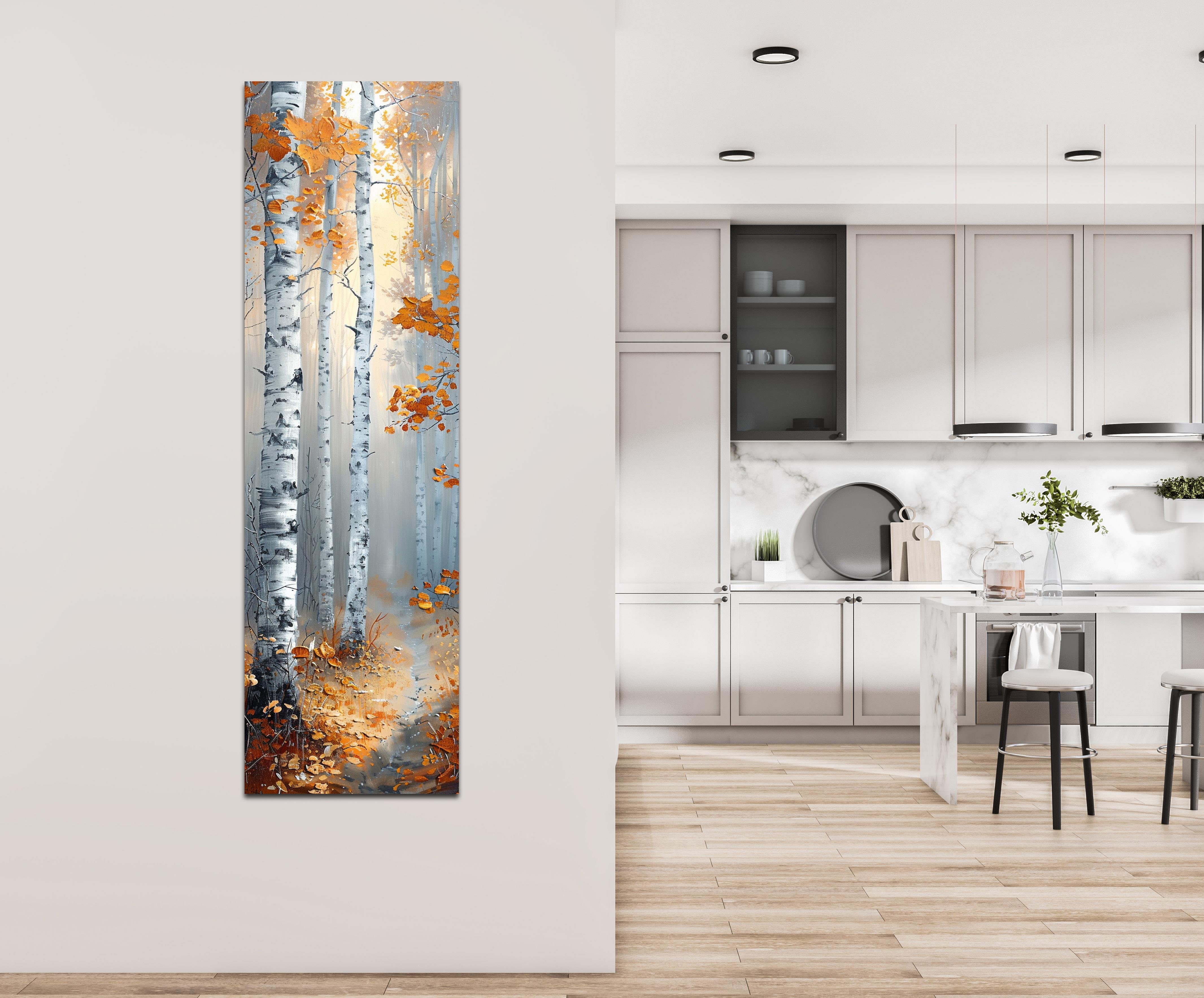 Sonbahar Huş Ağaçları Dikey Kanvas Tablo, Turuncu Yapraklı Modern Doğa Dekoru