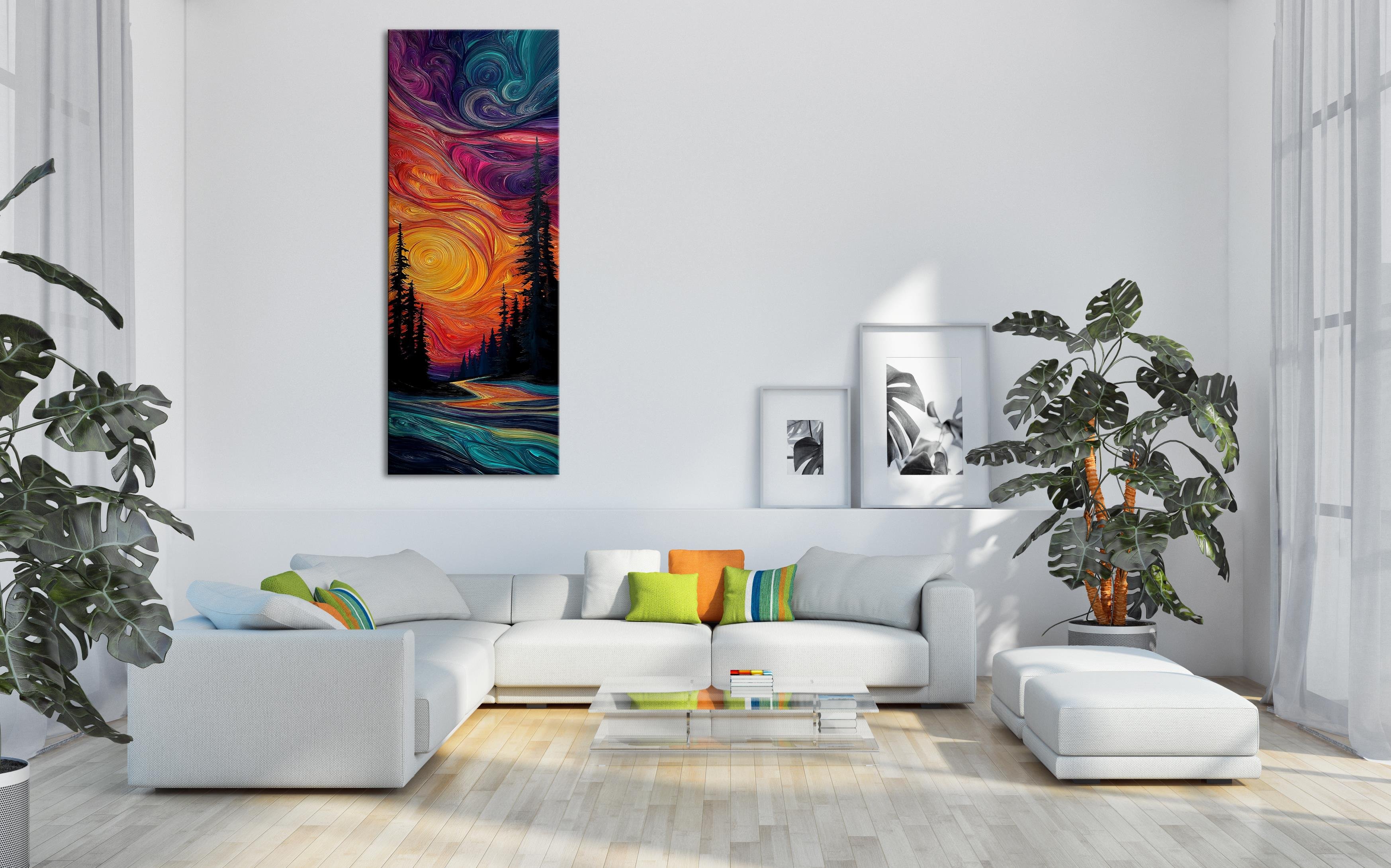 Soyut Gün Batımı ve Orman Manzarası Kanvas Tablo, Renkli Duvar Dekoru, Modern Sanat Eseri, Ev Ofis İçin