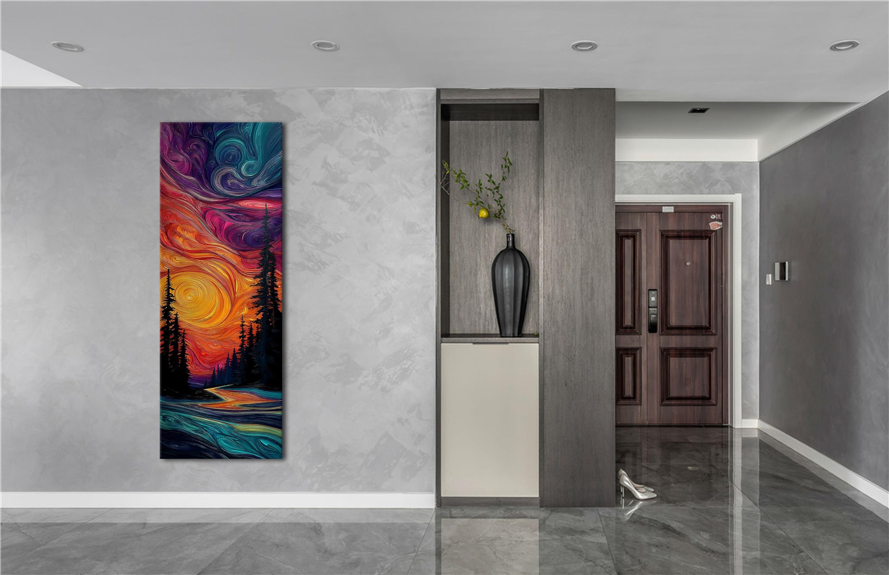 Soyut Gün Batımı ve Orman Manzarası Kanvas Tablo, Renkli Duvar Dekoru, Modern Sanat Eseri, Ev Ofis İçin