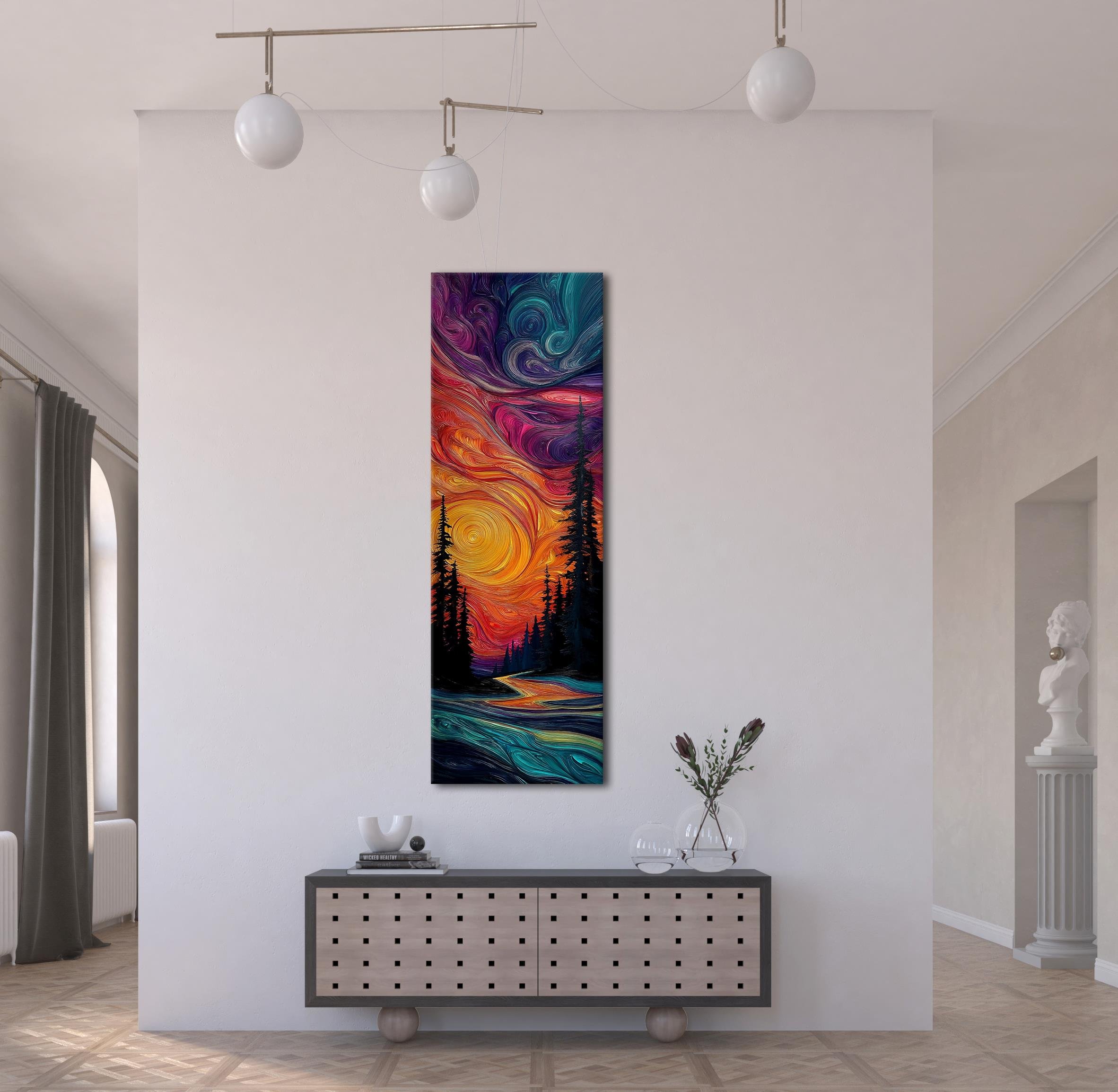 Soyut Gün Batımı ve Orman Manzarası Kanvas Tablo, Renkli Duvar Dekoru, Modern Sanat Eseri, Ev Ofis İçin