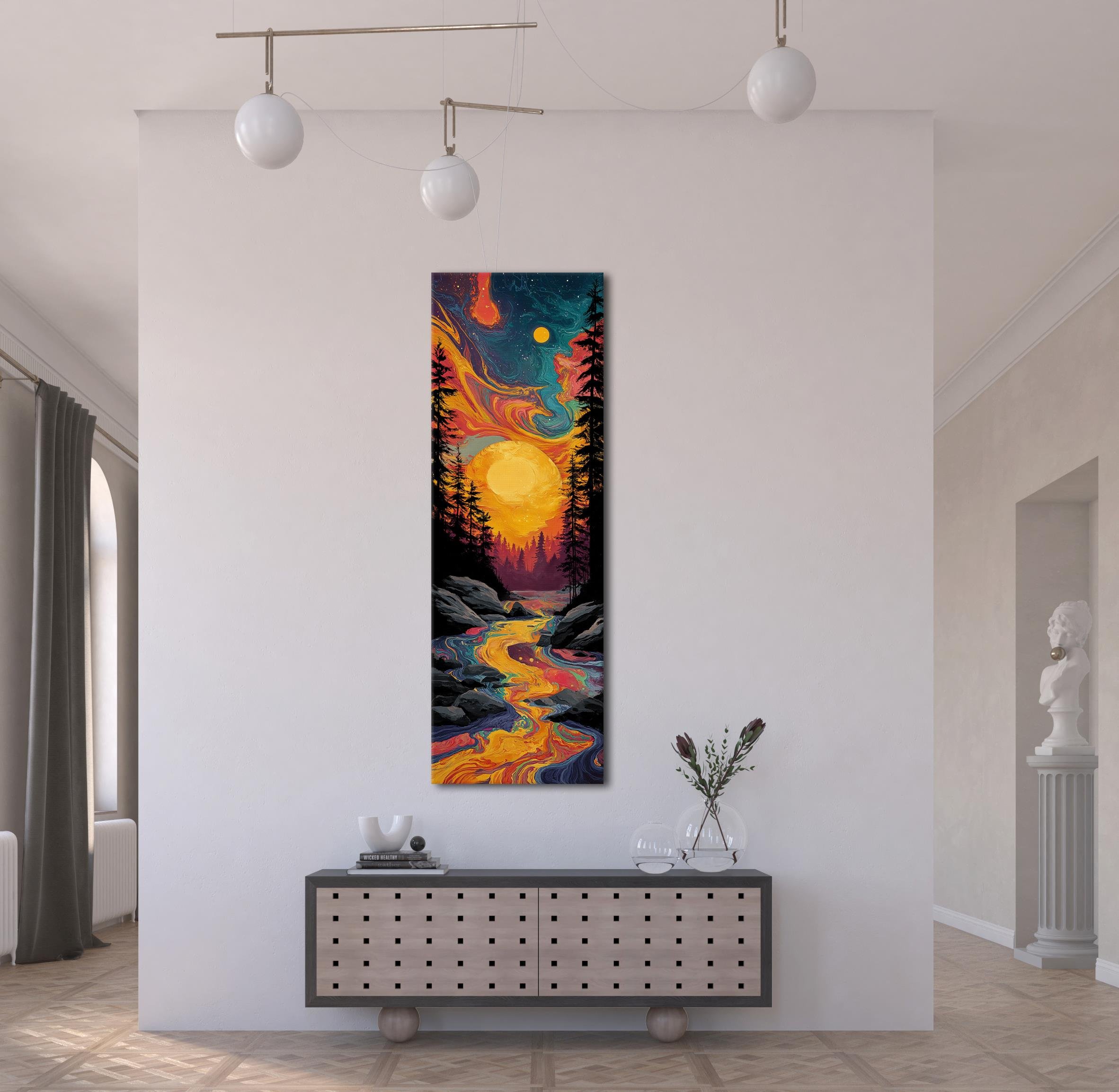 Soyut Güneş ve Nehir Manzarası Kanvas Tablo, Renkli Duvar Dekoru, Modern Sanat Eseri