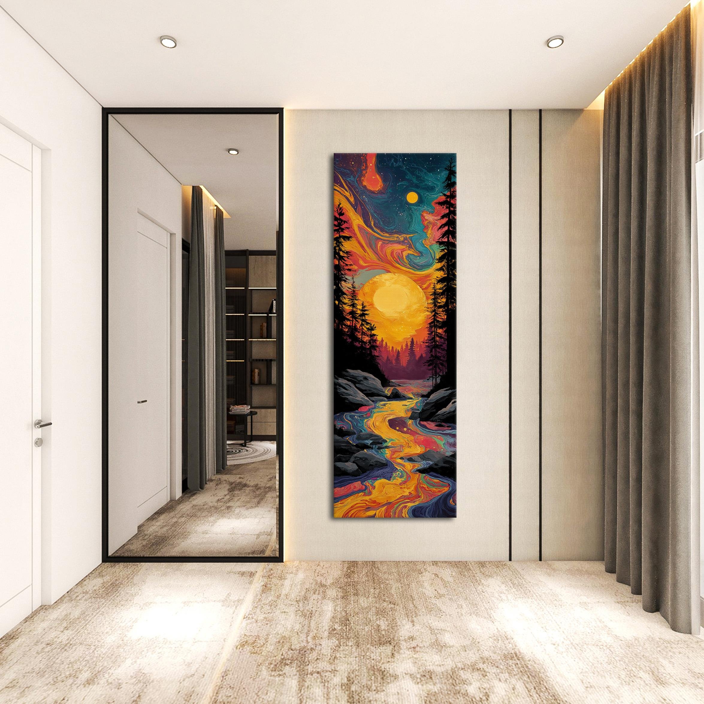 Soyut Güneş ve Nehir Manzarası Kanvas Tablo, Renkli Duvar Dekoru, Modern Sanat Eseri