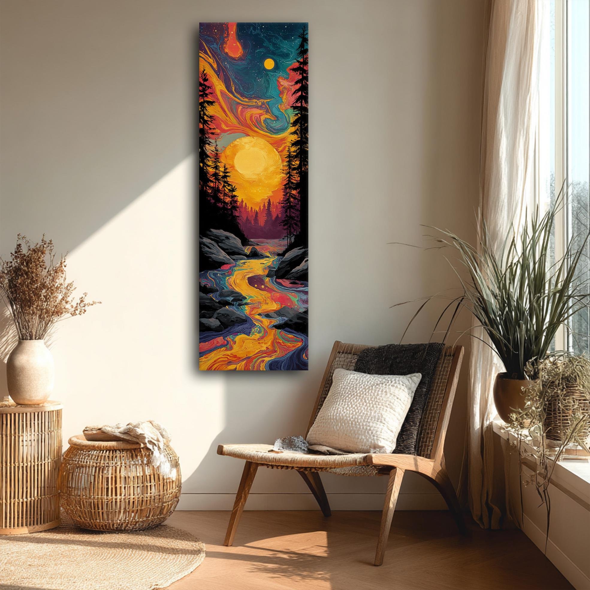 Soyut Güneş ve Nehir Manzarası Kanvas Tablo, Renkli Duvar Dekoru, Modern Sanat Eseri