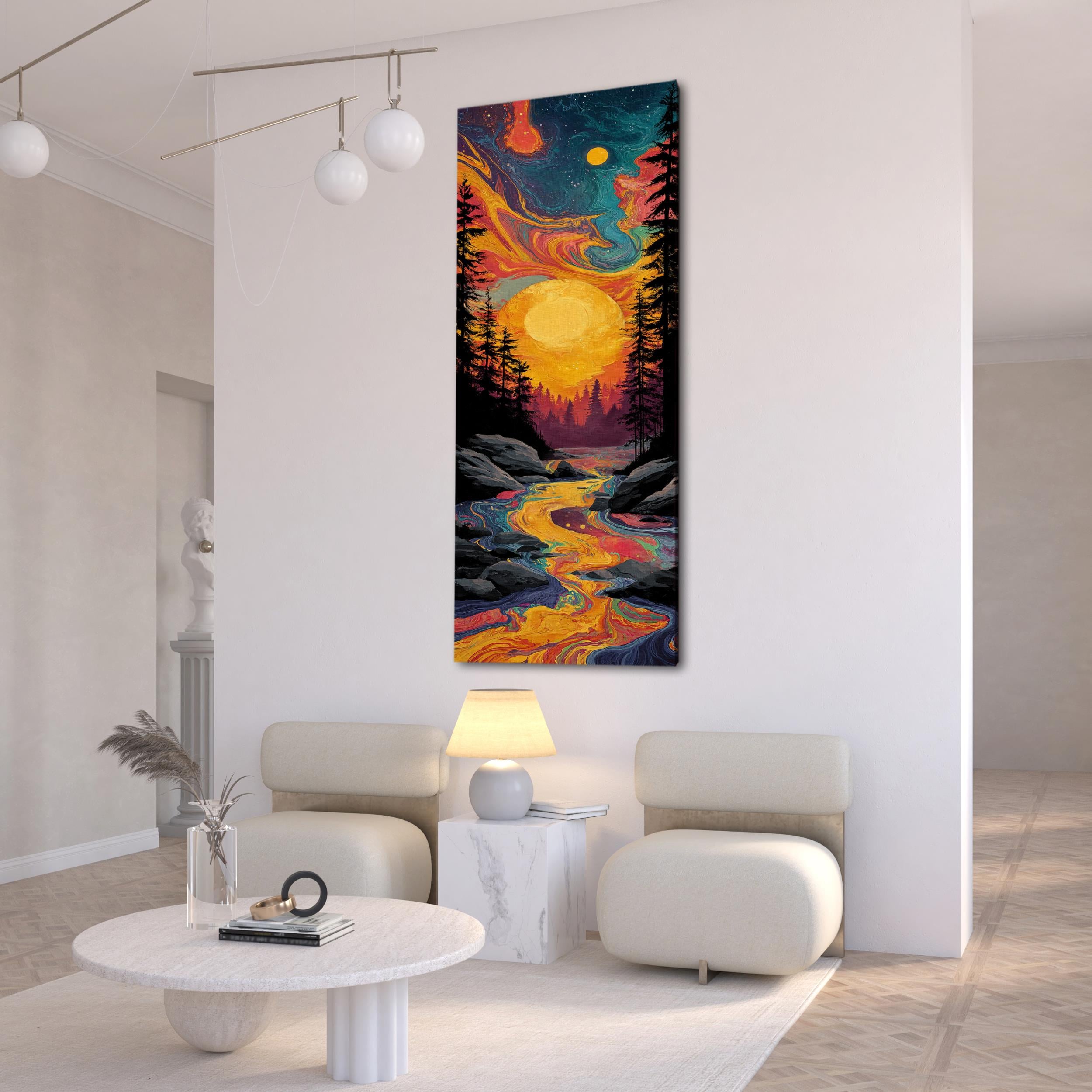Soyut Güneş ve Nehir Manzarası Kanvas Tablo, Renkli Duvar Dekoru, Modern Sanat Eseri