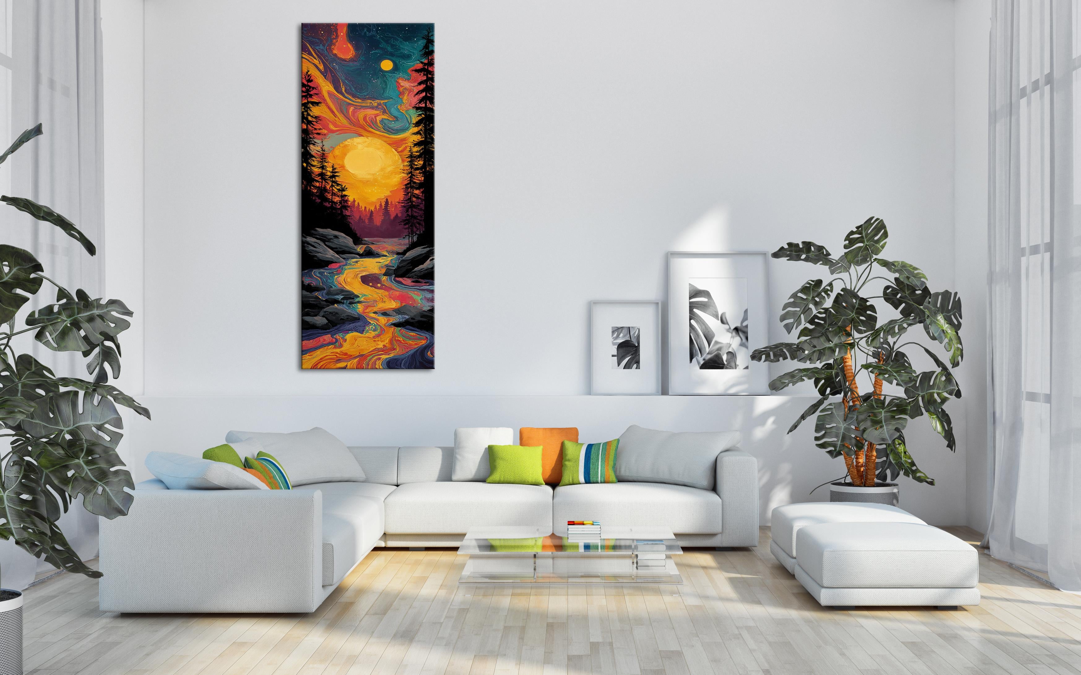 Soyut Güneş ve Nehir Manzarası Kanvas Tablo, Renkli Duvar Dekoru, Modern Sanat Eseri