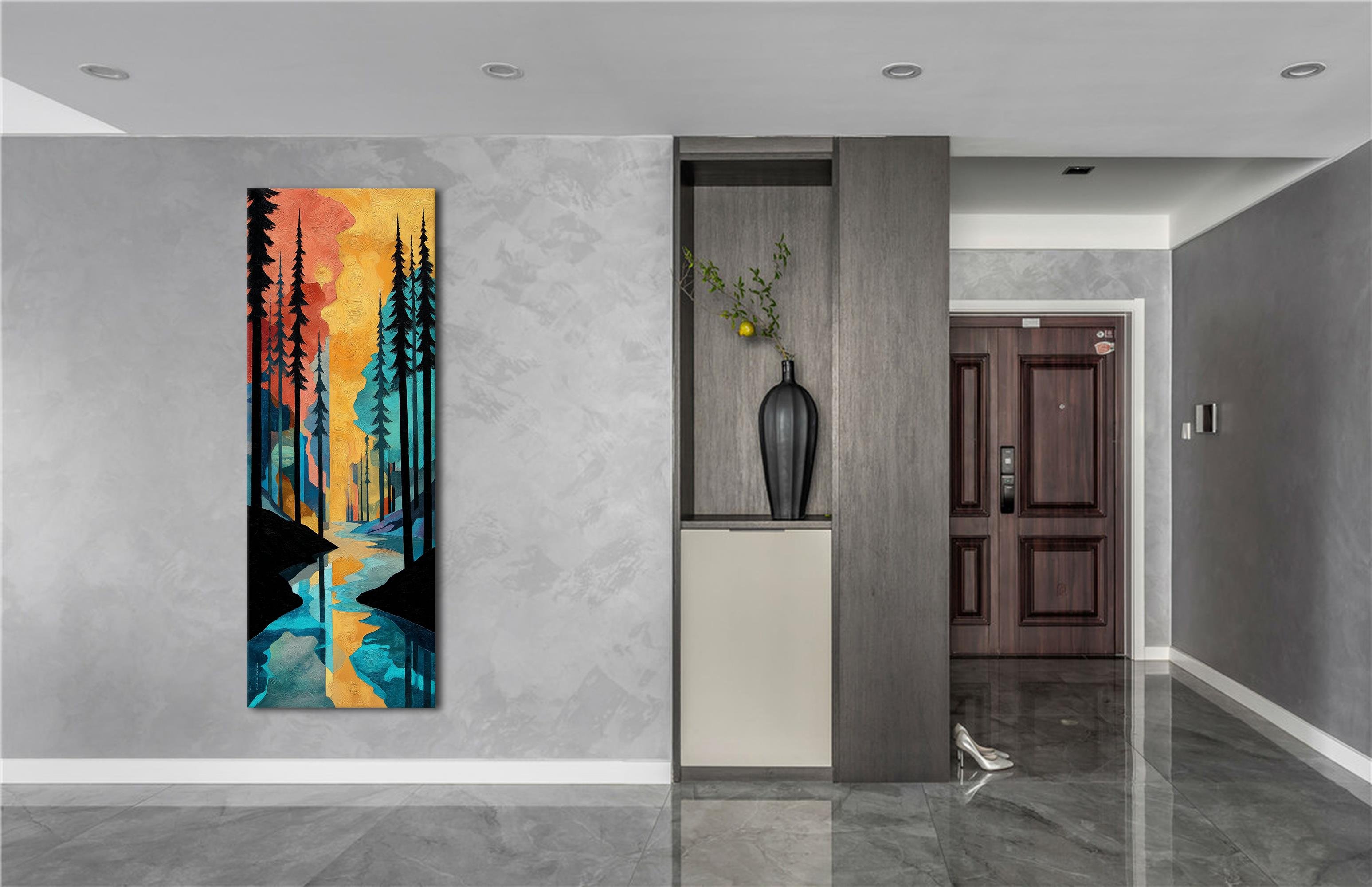 Soyut Orman ve Nehir Manzarası Kanvas Tablo, Renkli Duvar Dekoru, Modern Sanat Eseri, Ev Ofis İçin