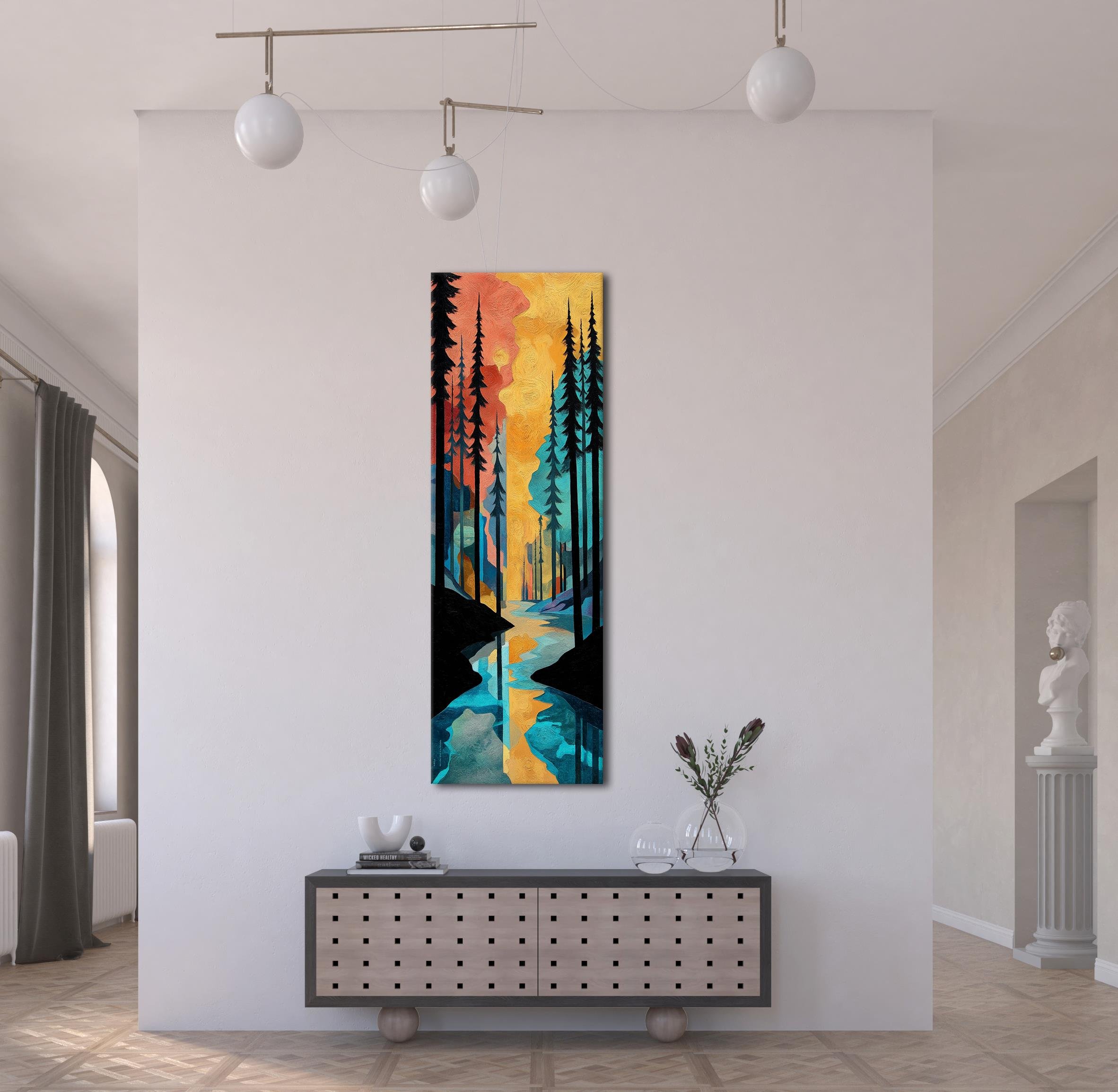 Soyut Orman ve Nehir Manzarası Kanvas Tablo, Renkli Duvar Dekoru, Modern Sanat Eseri, Ev Ofis İçin