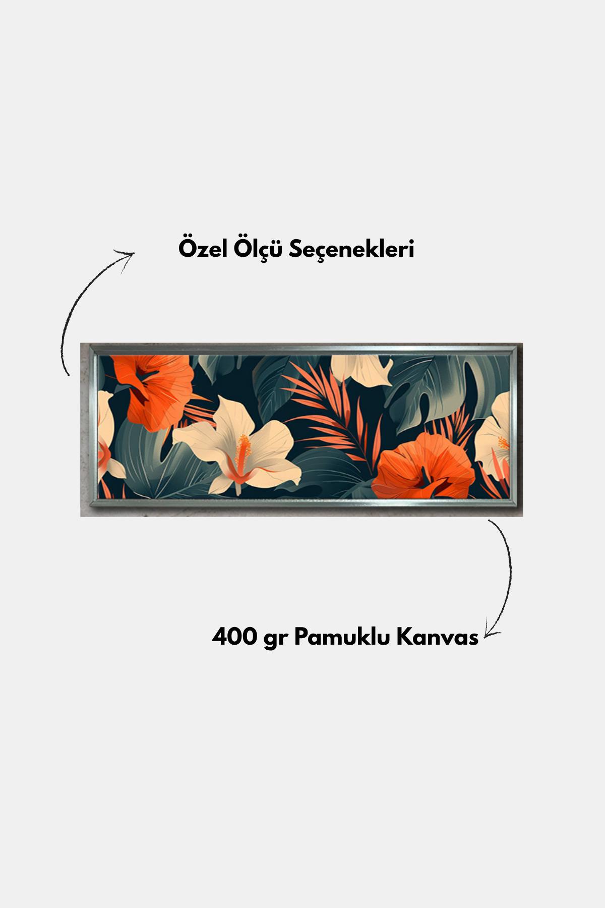 Turuncu Tropikal Botanical Kanvas Tablo Ahşap Çerçeve | 6 Çerçeve Rengi | Lacivert Zemin | 400 gr Kanvas