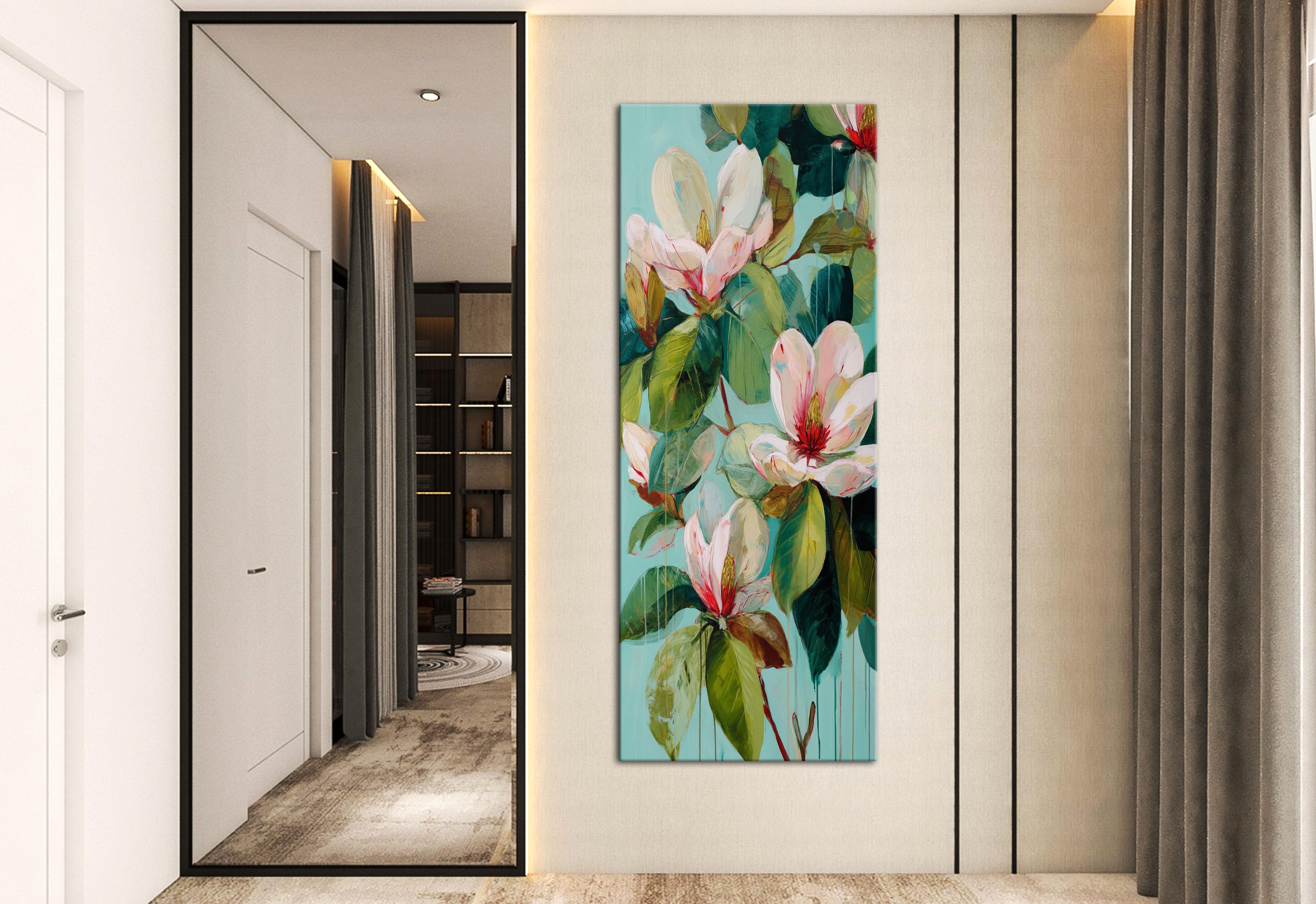 Zarif Çiçekler Kanvas Tablo, Turkuaz Zeminli Modern Floral Duvar Dekoru
