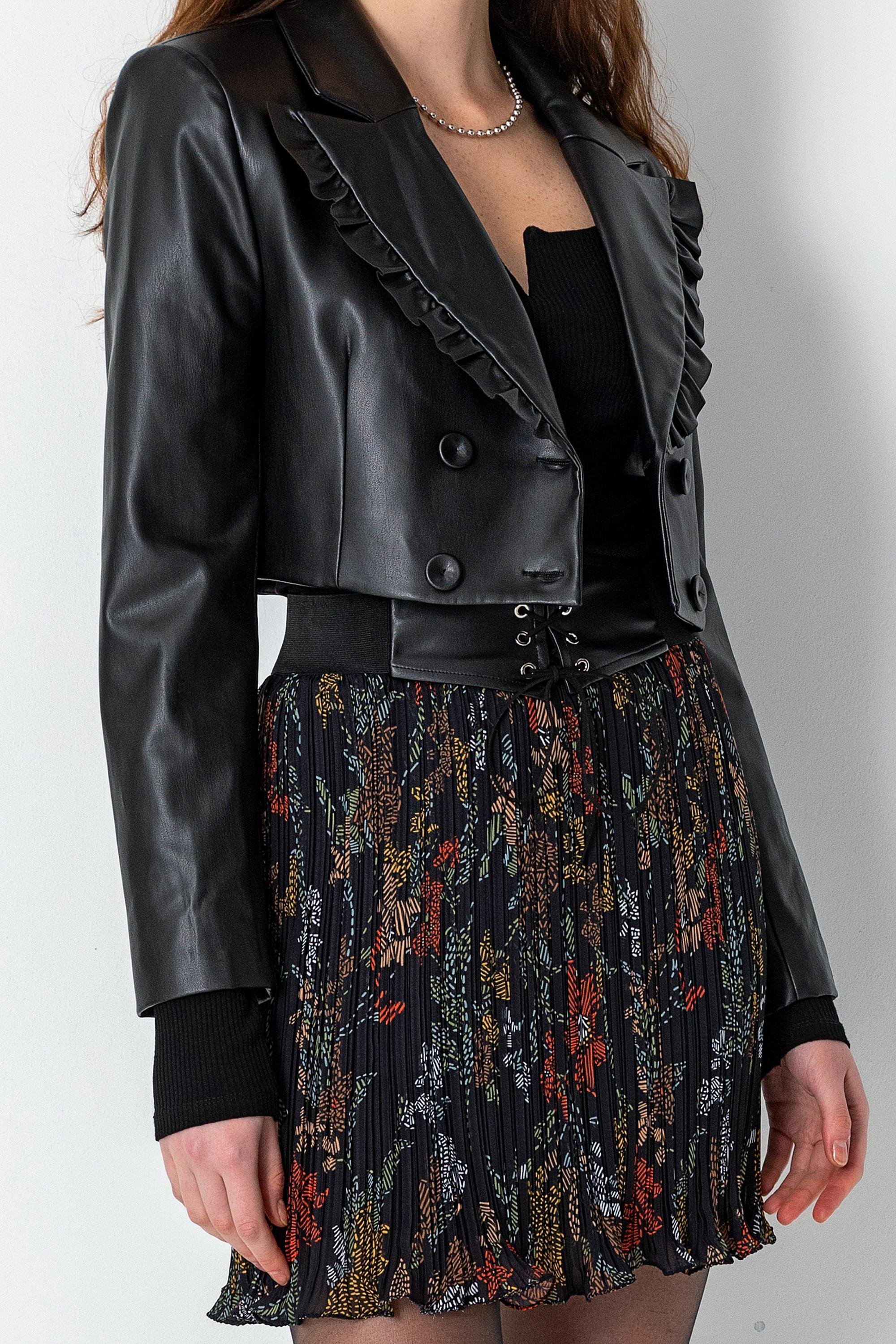 Kruvaze Crop Suni Deri Ceket Siyah