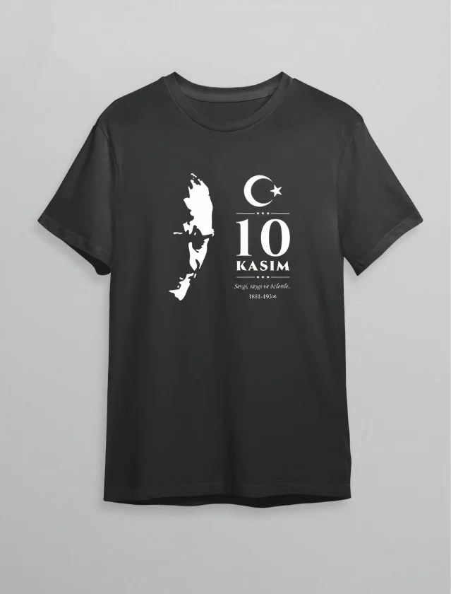 10 Kasım Atatürk Anma Günü Silüet Baskılı Oversize Bisiklet Yaka T-shirt - Siyah