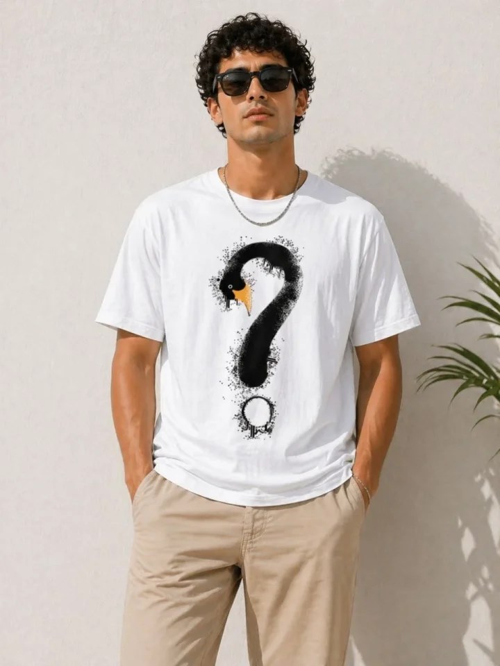 Erkek Kuğu Figürlü Soru İşareti Baskılı Tişört Kısa Kol T-Shirt - Beyaz