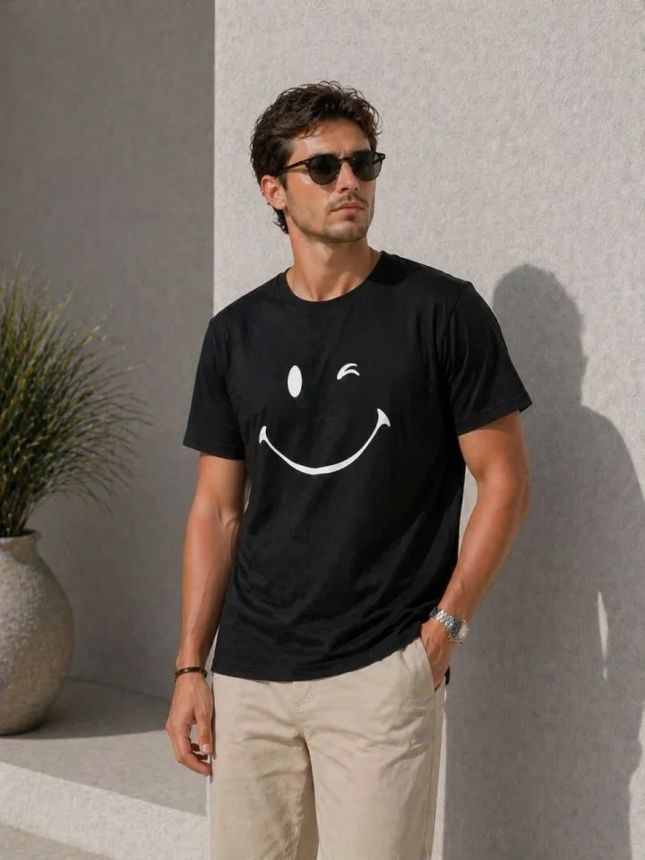 Erkek Minimal Gülümseyen Yüz Baskılı Tişört Kısa Kol Yazlık T-Shirt - Siyah