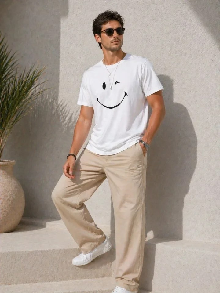 Erkek Minimal Gülümseyen Yüz Baskılı Tişört Kısa Kol Yazlık T-Shirt - Beyaz