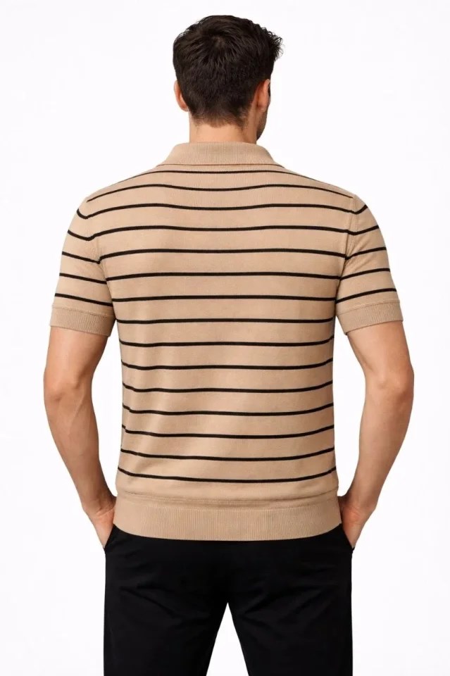 Erkek Triko Polo Yaka Fermuarlı Çizgili Tişört T-Shirt Yazlık Şık - Kahverengi