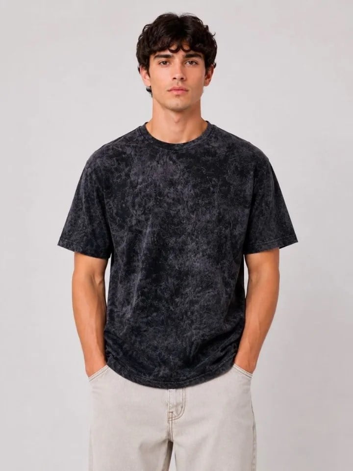 Erkek Yıkamalı Washed Effect Tişört Bisiklet Yaka Sokak Stil Kısa Kol T-Shirt - Siyah