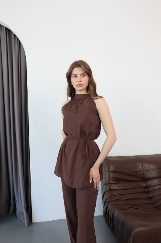 Kadın Halter Yaka Beli Kuşak Detaylı Ikili Takım