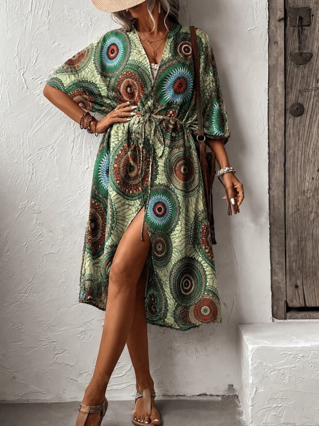 Kadın Kısa Kollu önü Açık Belden Kuşaklı Uzun Kimono