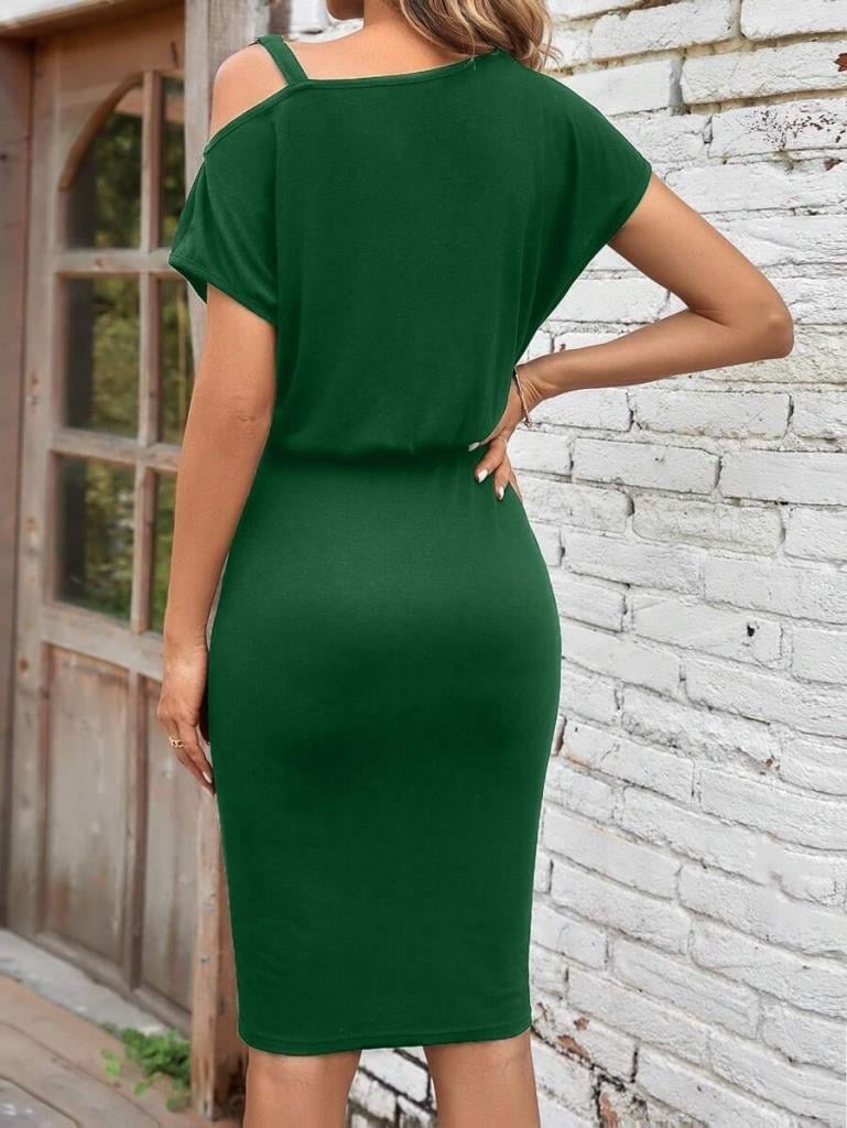 Kadın Kısa Kollu Tek Omuz Askı Ve Aksesuar Detay Beli Lastikli Krep Elbise