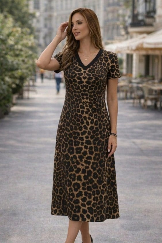 Kadın Kısa Kollu V Yakalı Leopar Desenli Kısa Süprem Elbise