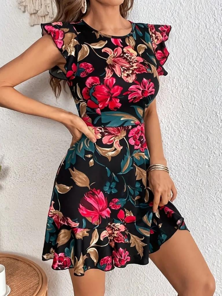 Kadın Kolu Ve Eteği Volanlı çiçek Desen Süprem Elbise