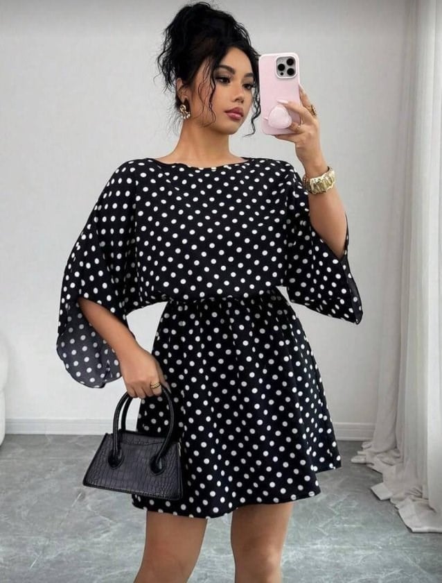 Kadın Puantiyeli örme Krep Mini Elbise (kemersiz)