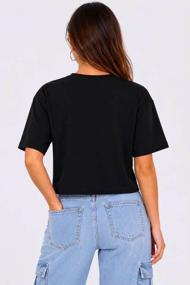 Kedi Baskılı Oversize Crop Tişört Salaş Basic Yarım Kol T-shirt - Siyah