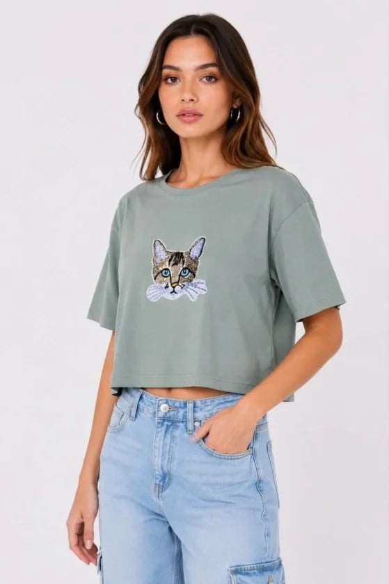 Kedi Baskılı Oversize Crop Tişört Salaş Basic Yarım Kol T-shirt - Mint Yeşili