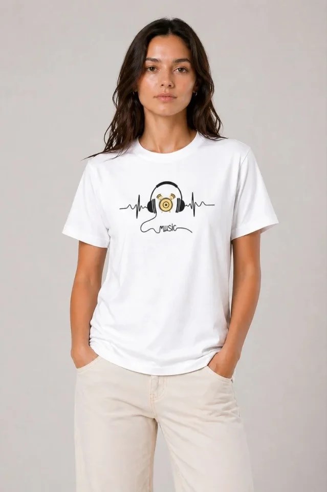 Müzik Temalı Baskılı Tişört Bisiklet Yaka Kısa Kol T-Shirt - Beyaz