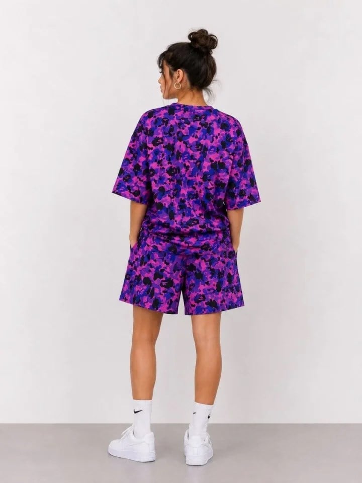 Oversize Kalıp Pubg Bape X Shark Nakışlı Cepli Şort Takım - Mor