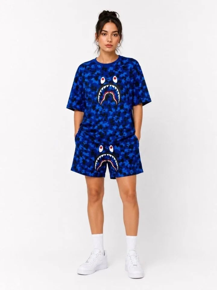 Oversize Kalıp Pubg Bape X Shark Nakışlı Cepli Şort Takım - Mavi