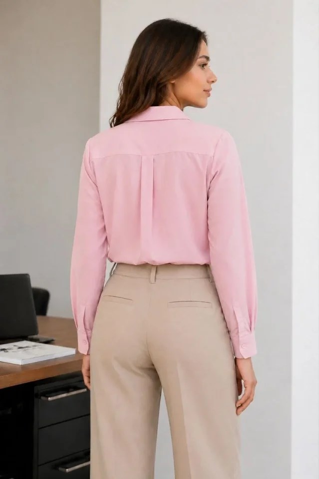 Uzun Kol Gömlek Düğmeli Klasik Yaka Günlük Ve Ofis Şıklığına Uygun - Toz Pembe