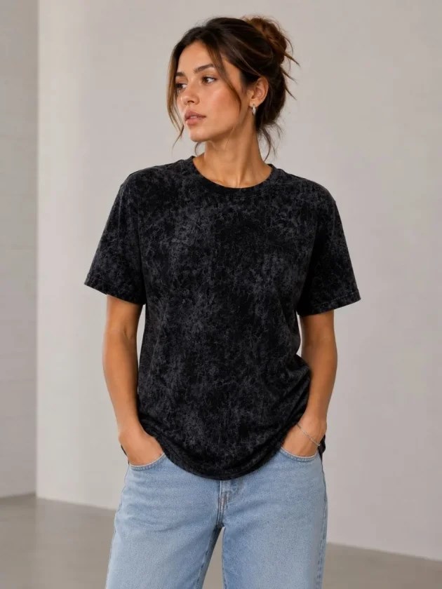 Yıkamalı Washed Effect Tişört Bisiklet Yaka Sokak Stil Kısa Kol T-Shirt - Siyah