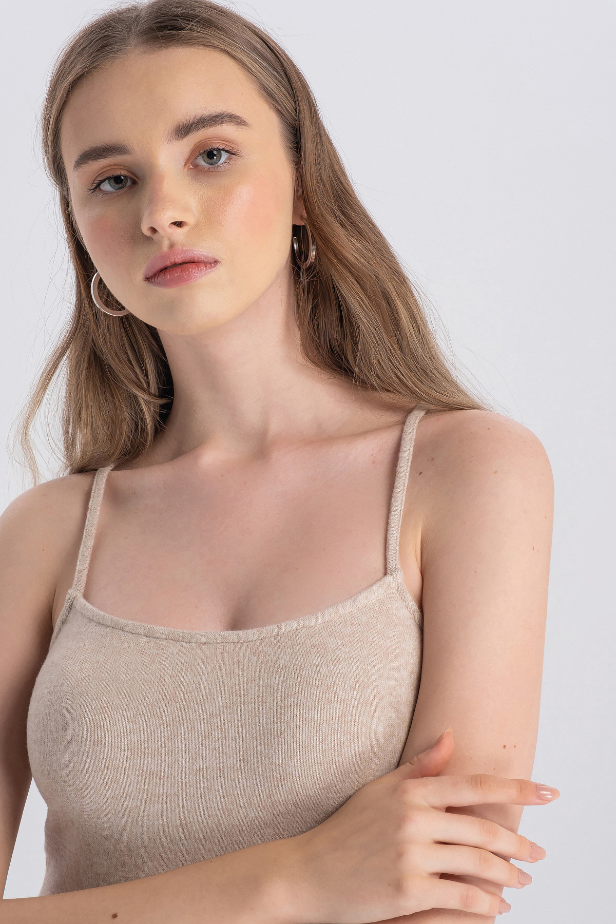 Amber Dress, Sürdürülebilir Kumaşlı, Askılı, Bej Elbise
