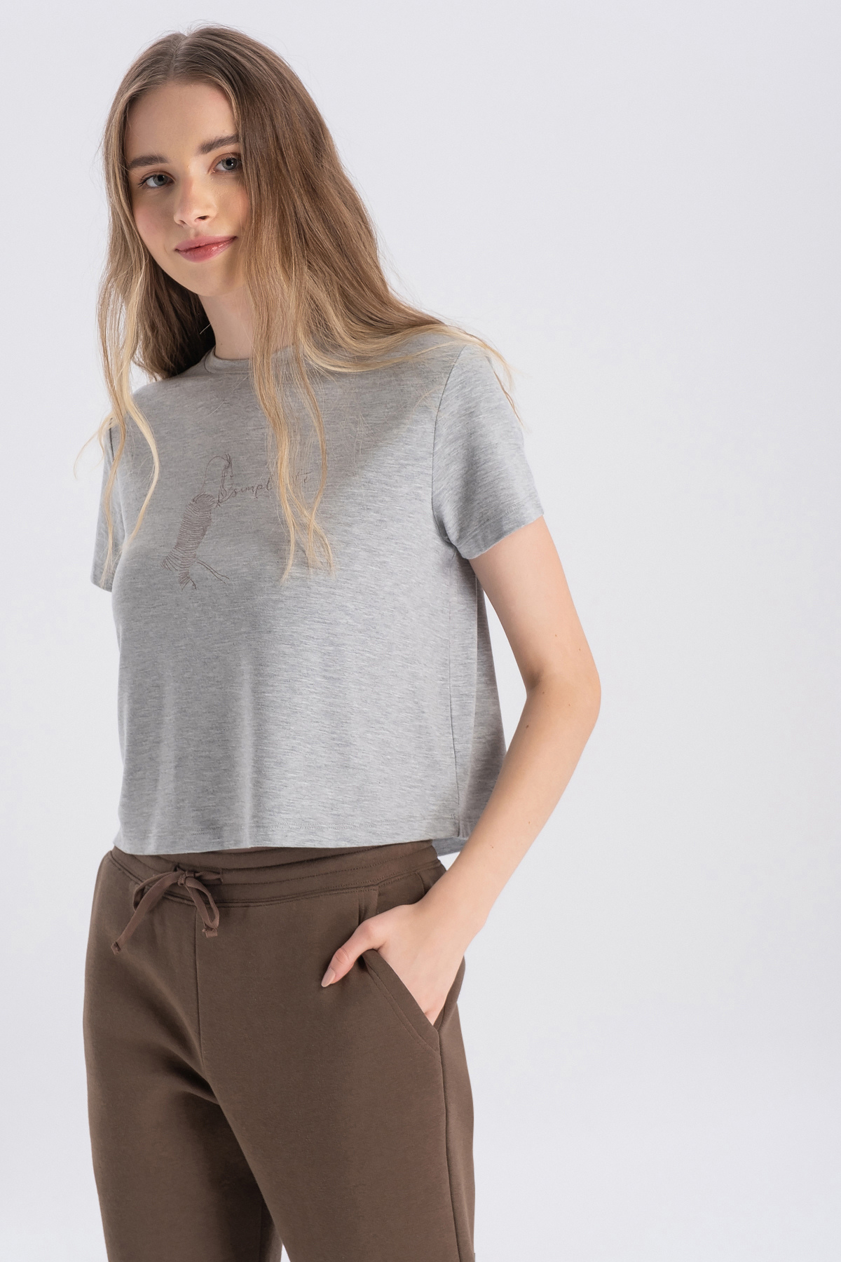 Azura, Baskı Detaylı, Sürdürülebilir Kumaşlı, Açık Gri Melanj, Cropped T-Shirt