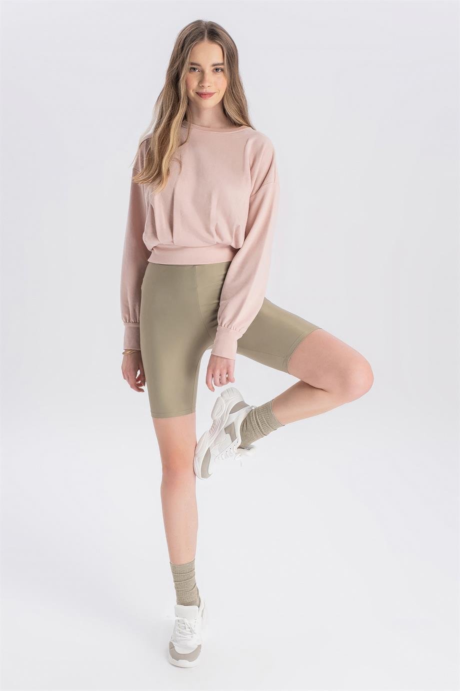 Eva, Organik Kumaşlı, Pileli, Pudra Renk, Cropped Sweatshirt