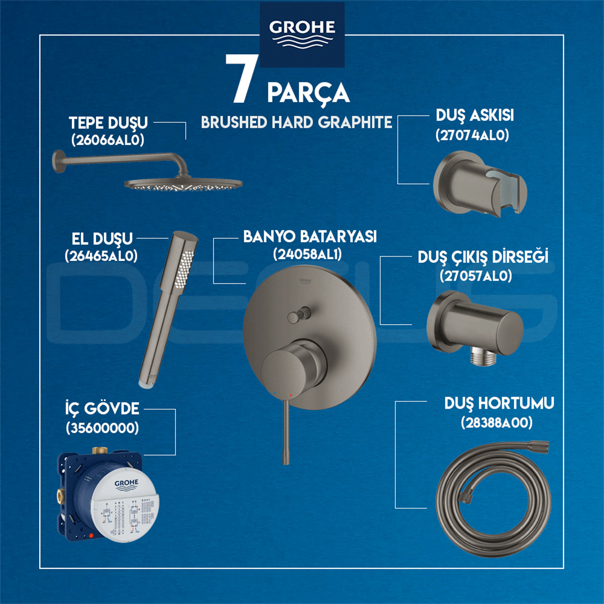 GROHE ESSENCE ANKASTRE SET BRUSHED HARD GRAPHITE + 26066AL0 + 26465AL0 + 27074AL0 + 27057AL0 + 28388A00 + 24058AL1 + 35600000