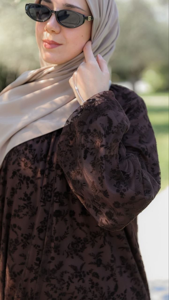 Acı Kahve LY26 4030 REGLAN KOL FLOK BASKILI ELBİSE