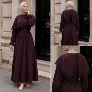 Acı Kahve Pelerinli Dantelli Elbise 5159
