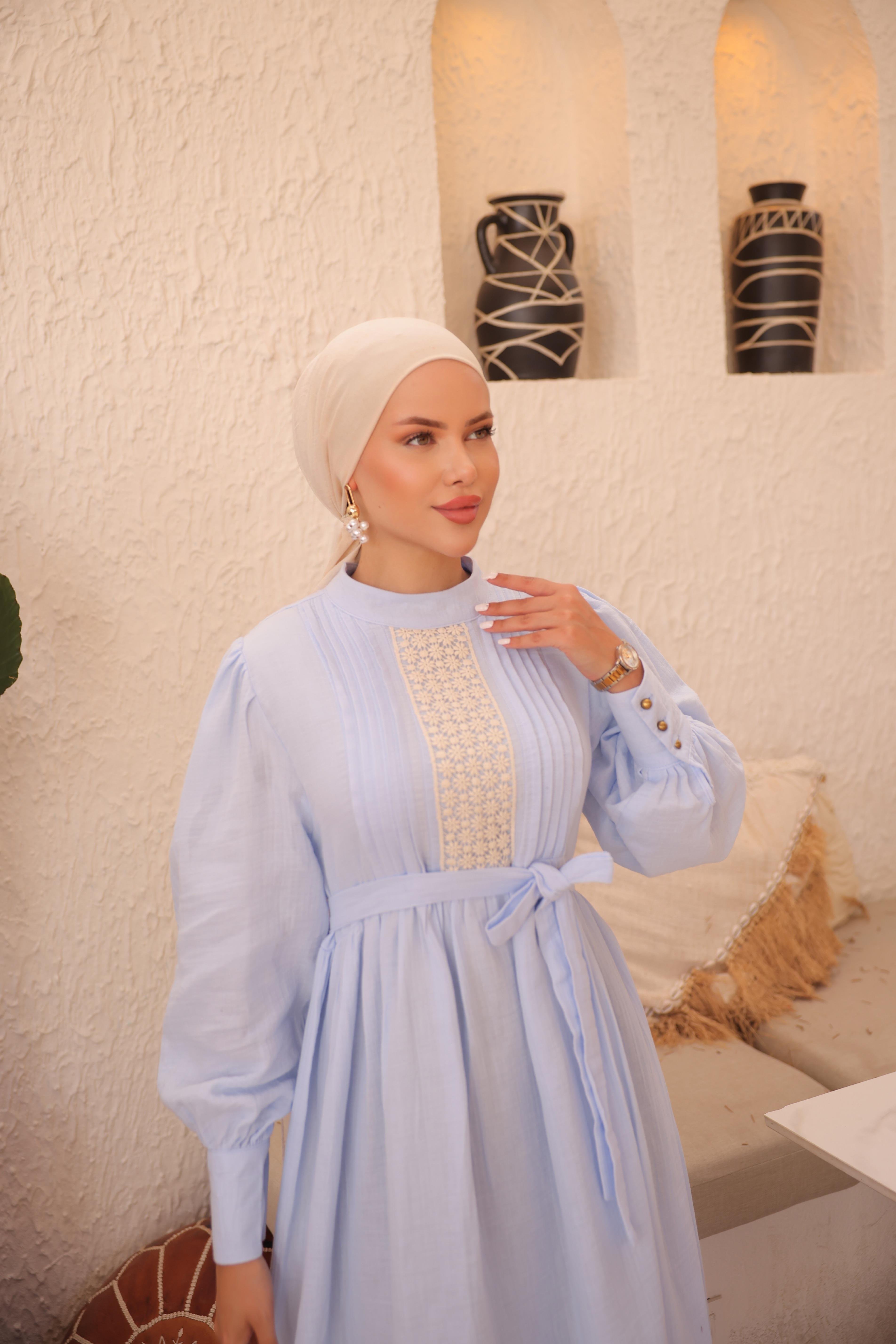Açık Mavi Dantel ve Nervürlü Elbise 5087