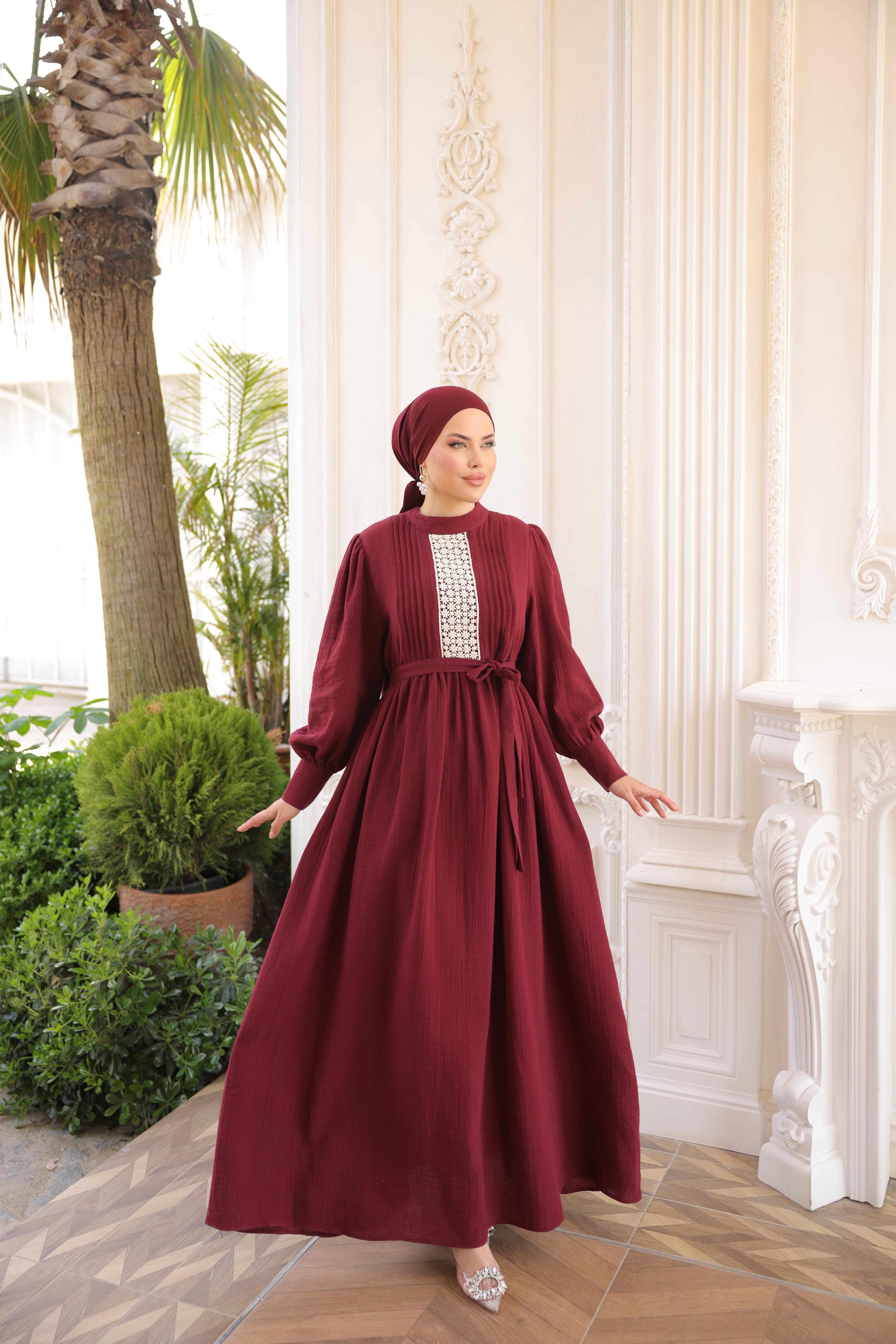 Bordo Dantel ve Nervürlü Elbise 5087